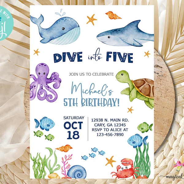 Dive into Five 5th birthday invitation, boy birthday invite, under the sea ocean life invite, digital printable, boy 5th birthday, corjl.