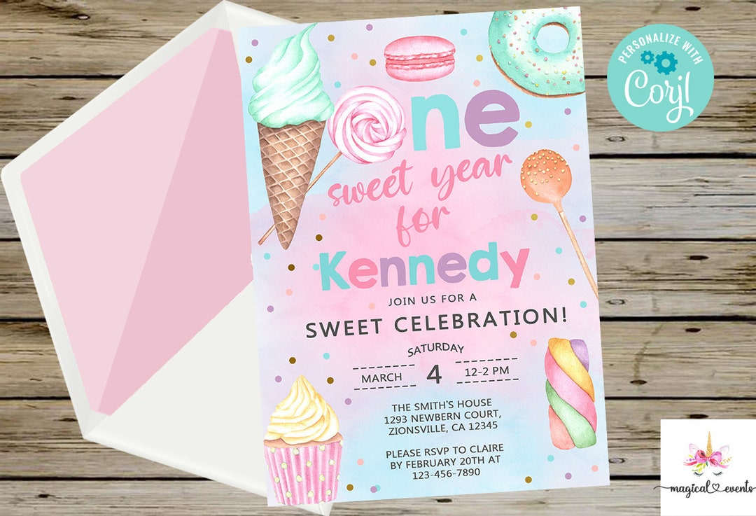 Invitación para el primer cumpleaños de One Sweet Year, invitación para el  primer cumpleaños de niña, piruletas, dulces, donas, helados, cupcakes, ..., image size:1080x737