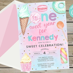 One Sweet Year 1st birthday invitation, girl first birthday invite, lollipop sweets donut ice cream cupcake candy, corjl digital printable.