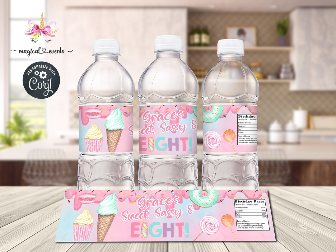 Sweet Sassy & Eight Birthday Water Bottle Labels, Girl Birthday Favors ...