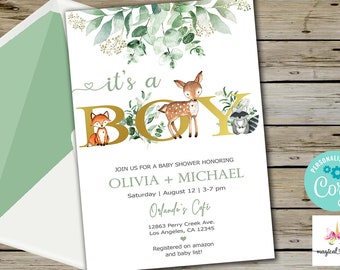 May include: It's a Boy baby shower invitation with a gold foil 'BOY' surrounded by green foliage and woodland animals. The invitation includes the names Olivia and Michael, the date and time of the shower, and the location Orlando's Cafe.