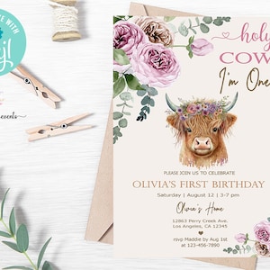Pink highland cow birthday invitation, girl birthday invite pink boho flowers, corjl digital printable, girl highland cow 1st first birthday