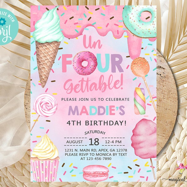 Candy UN-FOUR-GETTABLE girl 4th birthday invitation, birthday invite, cotton candy sweets donut ice cream cupcake, corjl digital printable.