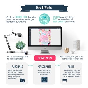 May include: A digital screen displaying a pink and blue printable invitation for a girl's second birthday party. The invitation features a donut, ice cream cone, and the text "She's Two Sweet & Two Savvy". The text "DEMO NOW" is on a pink button below the screen.