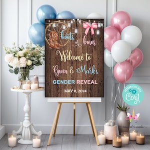 Puede incluir: Un cartel de fiesta de revelación de género con un fondo de madera rústica. El cartel dice "Boots or Bows Welcome to Gwen & Mark's Gender Reveal May 11, 2024".