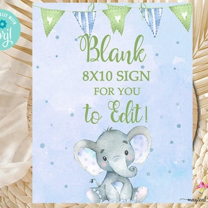 Elefant Baby-Dusche 8x10 leeres Zeichen, Junge Baby-Dusche-Zeichen, Wimpelkette Elefant bearbeitbares Zeichen, Junge Dusche, hellblauer Elefant, Corjl bearbeitbar