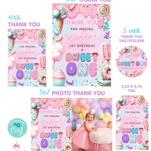 Sweet One Mädchen Geburtstag danke Tags und Karten, Geburtstagsgeschenke, Mädchen Süßigkeiten Candy Donut Eis, Corjl editierbar, digital druckbar.