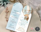 We can bearly wait bear and hot air balloon baby shower menu, boy baby shower invite hot air balloon and bear, corjl digital printable menu.