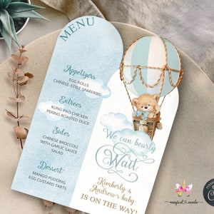 Nous pouvons attendre le menu baby shower ours et montgolfière, invitation baby shower garçon montgolfière et ours, menu imprimable numérique corjl.