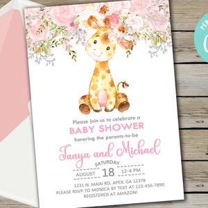 Pink giraffe baby shower invitation, boho girl invite, pink blush flowers giraffe, digital printable corjl editable, giraffe baby shower.