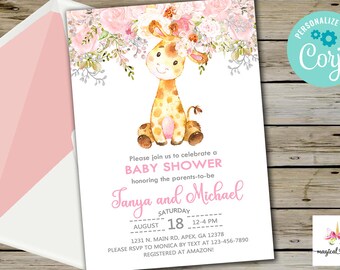 Pink giraffe baby shower invitation, boho girl invite, pink blush flowers giraffe, digital printable corjl editable, giraffe baby shower.