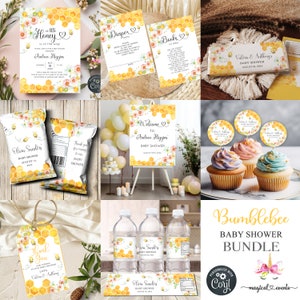 Puede incluir: Un paquete de imprimibles para una fiesta de baby shower con temática de abejorro, con un patrón de panal amarillo y blanco. El paquete incluye invitaciones, etiquetas de agradecimiento, etiquetas para botellas de agua, adornos para cupcakes, bolsas de regalo y un cartel de bienvenida. El texto en el cartel de bienvenida dice "Bienvenido a la Baby Shower de Aubrey Higgins".