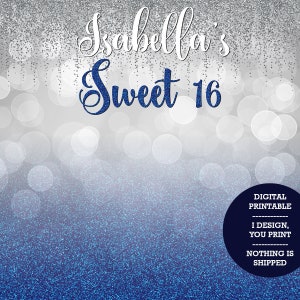 IMAGEN DIGITAL, fondo digital imprimible digital, te diseño imprimir nada se envía, azul real y plata Sweet 16 Sixteen telón de fondo.