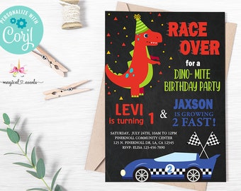 Siblings race car dinosaur birthday invitation, boys brothers, digital printable, race cars dinosaurs, race over dinomite birthday, two fast
