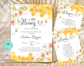 Babyshower-paket med bi, humla och bin, duschinbjudan för tjej, böcker för blöjlotterikort, digitalt utskrivbart material från Corjl, babyshower.