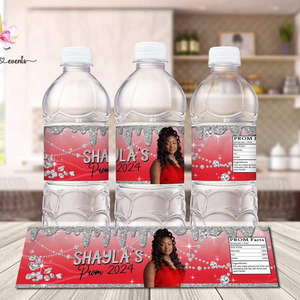 Sweet Sixteen birthday water bottle labels, Sweet 16 party favors, favor, digital printable, customized, red marble, red silver diamonds.