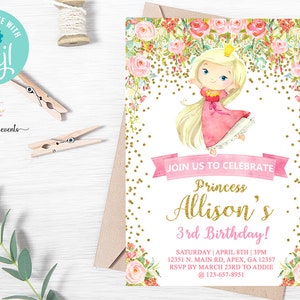 Blonde princess birthday invitation, princess birthday invite, corjl digital printable, princess birthday, pink flowers, pink roses, gold.