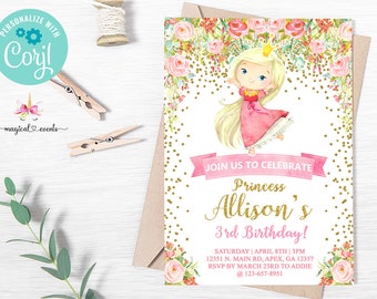 Blonde princess birthday invitation, princess birthday invite, corjl digital printable, princess birthday, pink flowers, pink roses, gold.