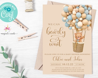 Bearly wait, bear baby shower invitation, boy invite, hot air balloon, balloons, digital printable, corjl editable, we can bearly wait, bear