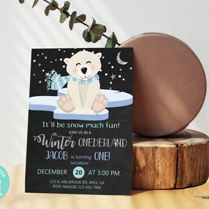 Polar bear winter onederland 1st birthday invitation, boy birthday invite, corjl digital printable, polar bear, snow much fun, turning one.