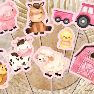 Rosa Cupcake-Topper oder Tafelaufsätze mit Bauernhoftieren zum Geburtstag, Geschwistergeburtstag, rosa Bauernhofscheune und Traktor-Mittelstücke, Lamm, Kuh, Schwein, Huhn.