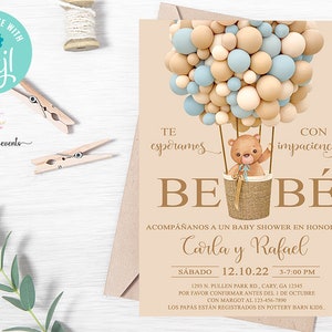 Bearly wait, bear baby shower uitnodiging, jongen uitnodigen, heteluchtballon, blauwe ballonnen, digitaal afdrukbaar, corjl bewerkbaar, SPAANS ESPAÑOL.