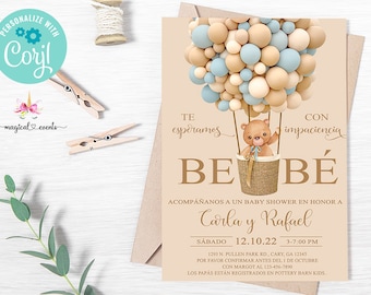 Bearly wait, bear baby shower invitation, boy invite, hot air balloon, blue balloons, digital printable, corjl editable, SPANISH ESPAÑOL.