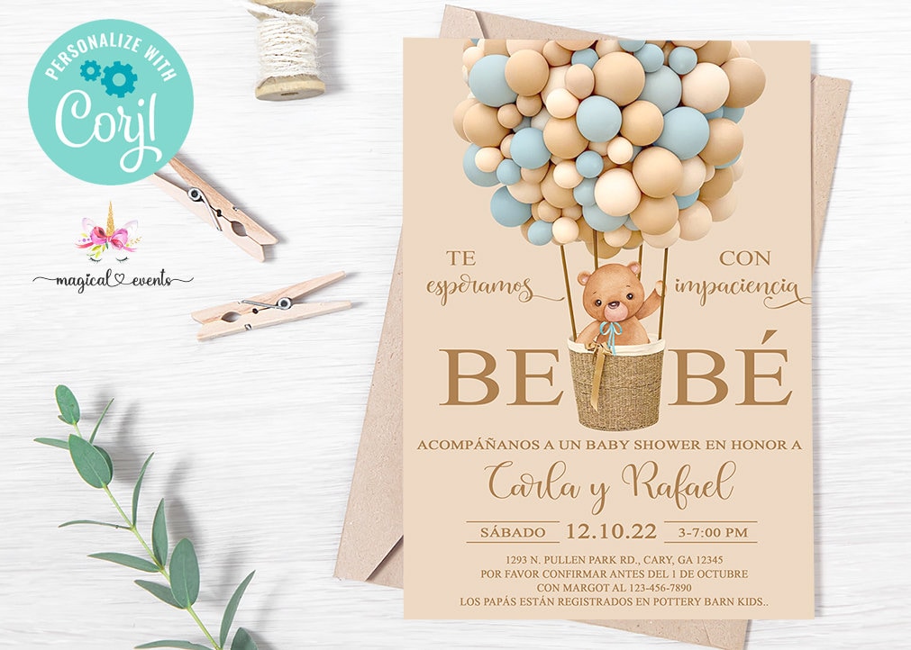 Bearly wait, babyshower beren, uitnodiging jongen, heteluchtballon, blauwe ballonnen, digitaal afdrukbaar, corjl bewerkbaar, SPAANSE ESPAÑOL.