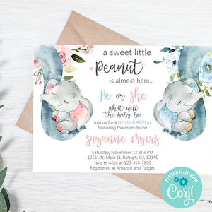 Elephant trunk gender reveal invitation, reveal invite, he or she, what will baby be, digital printable, a little peanut, corjl editable.