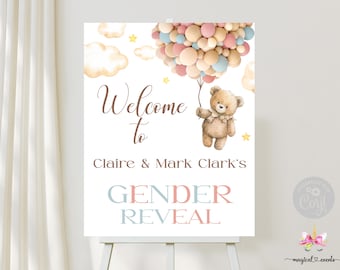 16x20 We can bearly wait Gender Reveal welcome sign, brown bear, balloons, pink & blue balloons, welcome sign, corjl editable welcome sign.