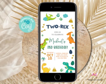 May include: A smartphone displays a digital invitation for a dinosaur-themed second birthday party. The invitation features colorful dinosaur illustrations, the text "TWO-REX", and the birthday details.