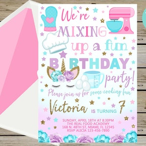 May include: A pink and blue birthday party invitation with a unicorn illustration and the text "We're Mixing Up a Fun Birthday Party!"  Please join us for some cooking fun. Victoria is turning 7. Sunday, April 18th at 8:30pm. The Real Food Academy. 168 N. 48th St, Miami, FL 12345. RSVP Alicia 123-456-7890.