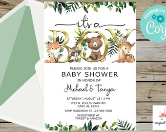 May include: A baby shower invitation with a woodland theme. The invitation features a gold "It's a Boy" banner with a fox, raccoon, bear, and deer. The text reads "Please join us for a baby shower in honor of Michael & Tanya. Saturday | August 18 | 3 PM. 1293 N. Pullen Park Rd. Cary, AL 12345. RSVP Madison at 123-456-7890. Registered at Target & Amazon."