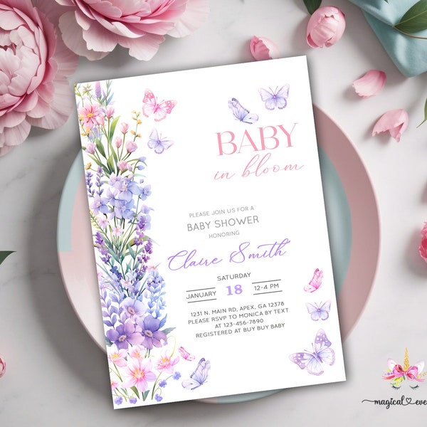 Wildflowers girl baby shower invitation, girl wild flowers baby in bloom invite, digital printable, corjl editable, purple pink butterflies.