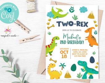 Invitación para el segundo cumpleaños de dinosaurios, invitación de cumpleaños de niño dinosaurio, corjl imprimible digital, invitación de DOS dinosaurios REX para niño.