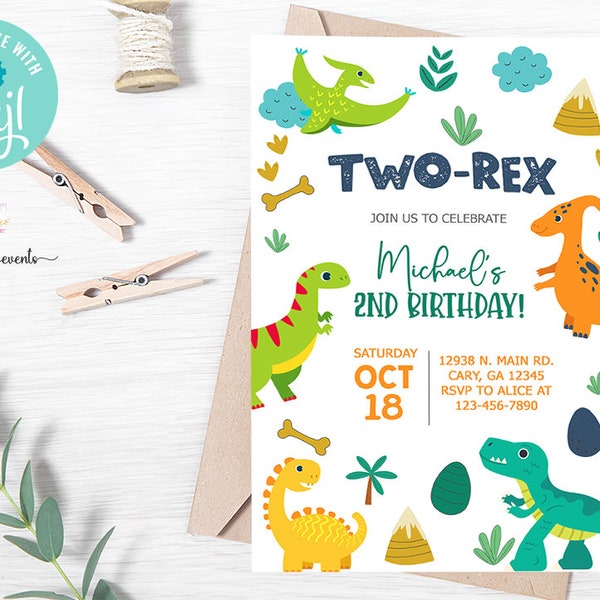 Dinosaurs 2nd second birthday invitation, dinosaur dinos boy birthday invite, corjl digital printable, TWO REX boy dinosaurs invitation.