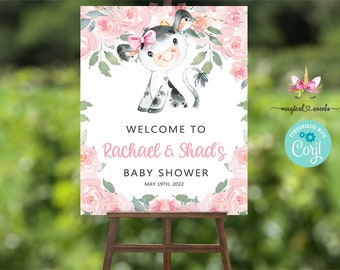 Cartello di benvenuto per baby shower a forma di mucca 16x20, cartello di benvenuto con fiori rosa, cartello di benvenuto per baby shower a forma di bambina, fiocco per capelli rosa a forma di mucca corjl stampabile in digitale