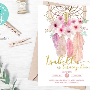 Pink dream catcher girl 1st birthday invitation, oro glitter pink girl first birthday invite digital printable, pink gold, corjl editable.