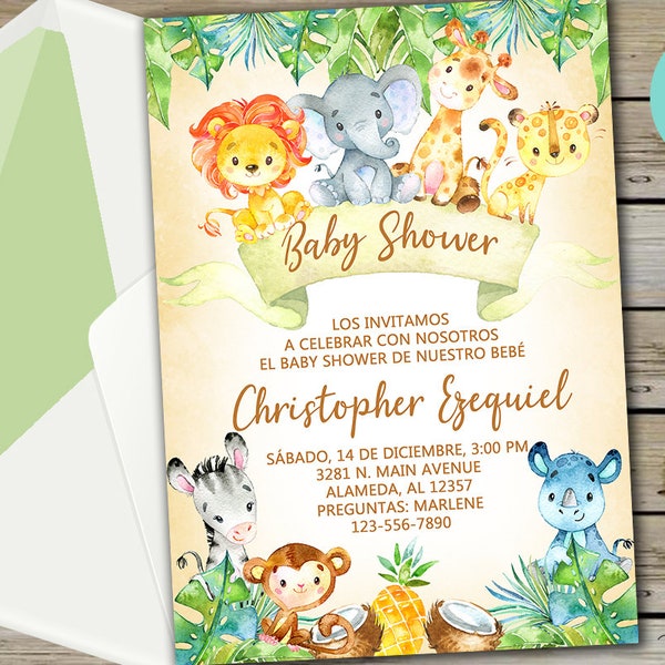 Safari animals baby shower invitation, yellow invite, digital printable, elephant giraffe lion zebra rhino, spanish español, corjl editable.