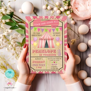 Zirkuskarte, Karneval Mädchen-Geburtstagseinladung, Mädchen-Geburtstag einladen, Corjl editierbar digital bedruckbar, Mädchen Karneval, Zirkuseinladung.