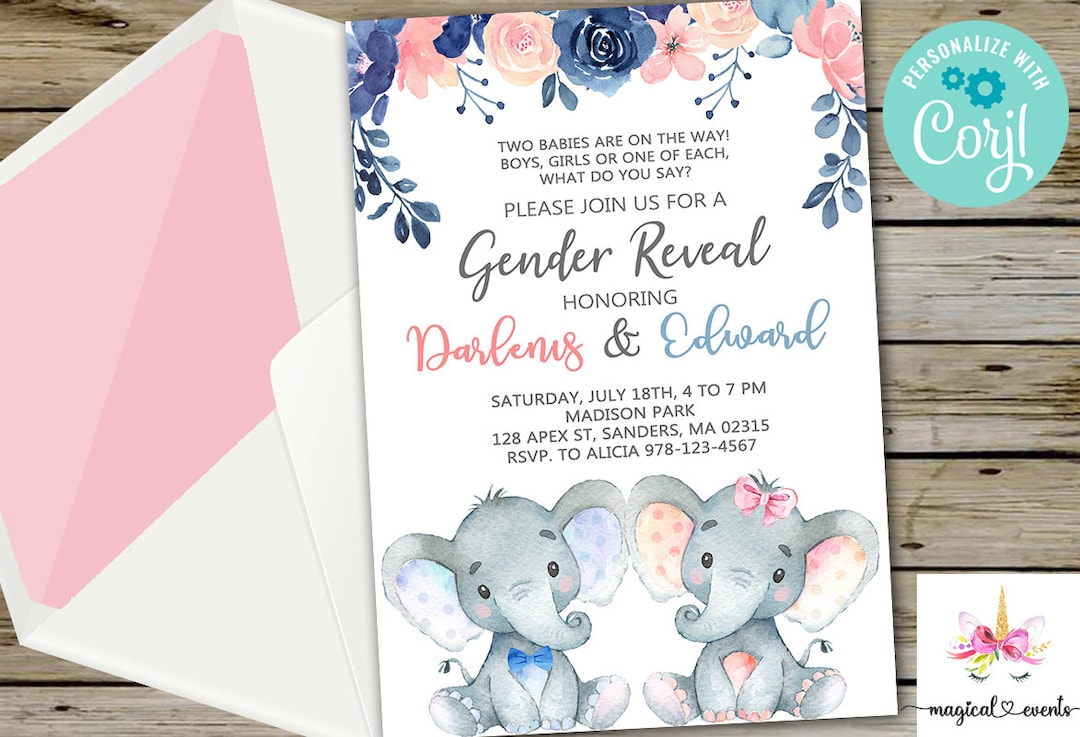 Elephants Gender Reveal Invitation, Twins Gender Reveal Invite, What Will Baby Be, Digital