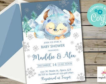 Baby yeti and snow boy baby shower invitation, yeti winter boy baby shower invite, digital printable, corjl editable, white snow, baby yeti.