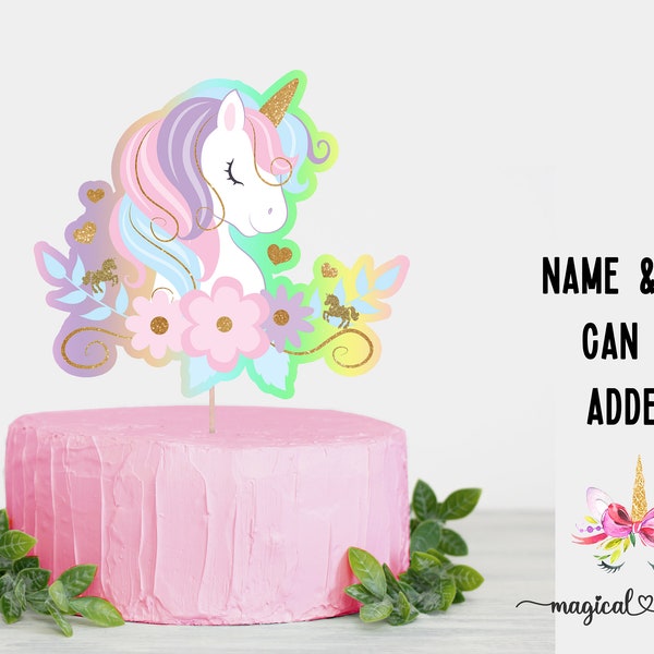 Rainbow unicorn girl birthday cake topper or centerpiece, pastel colors unicorn birthday, gold unicorns, flowers, editable name and age.