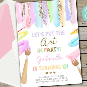 Art in Party girl birthday invitation, art girl birthday invite, digital printable download, pastel brush strokes, girl art birthday, corjl.