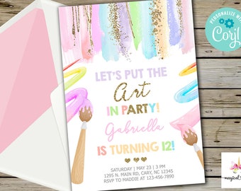 May include: A colorful invitation for a 12th birthday party with a paintbrush and paint splatters theme. The invitation says "Let's Put the Art in Party! Gabriella is Turning 12!" with a date and time for the party.