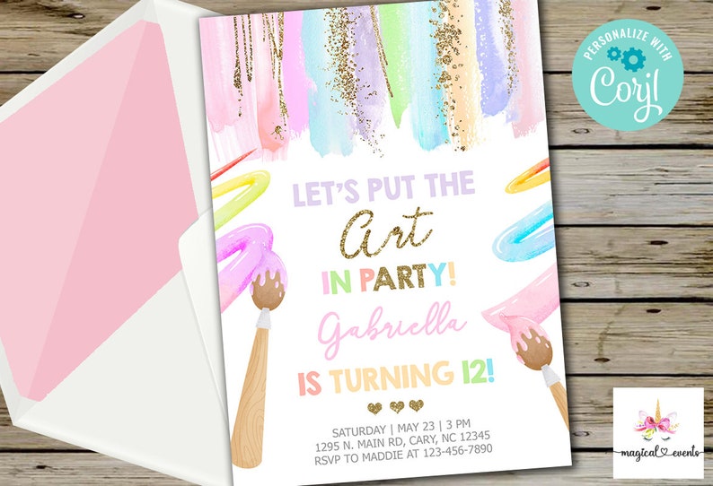 May include: A colorful invitation for a 12th birthday party with a paintbrush and paint splatters theme. The invitation says "Let's Put the Art in Party! Gabriella is Turning 12!" with a date and time for the party.