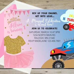 Siblings tutus and monster truck birthday invitation, brother & sister birthday invite, corjl digital printable, monster trucks tutu invite.