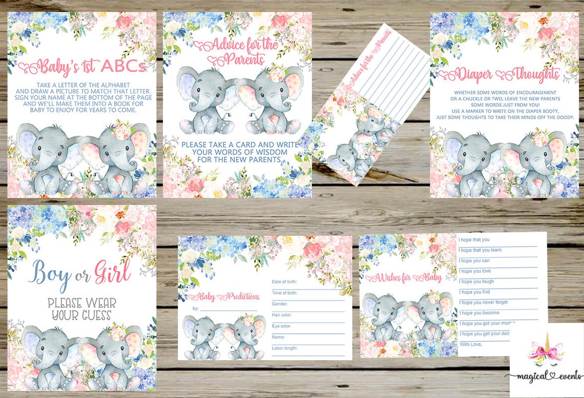 Elephants Gender Reveal Signs and Cards Bundle Boy or Girl Etsy
