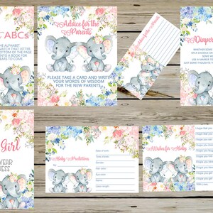 El género de los elefantes revela un paquete de carteles y tarjetas, niño o niña, rosa y azul, paquete de carteles y tarjetas de elefantes bebés, flores de acuarela.