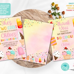 Two cool popsicle & ice cream girl 2nd second birthday invitation, invite, summer invitation corjl digital printable, front back thank you.